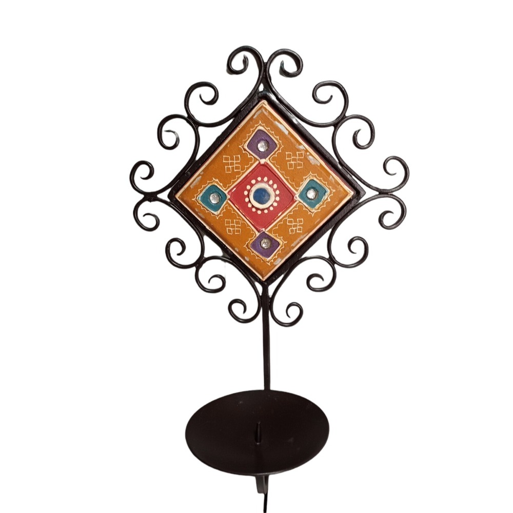 Curled Black Iron Wall Hanging Decor 12"t Ceramic Tile Art 3.5" Candle Holder